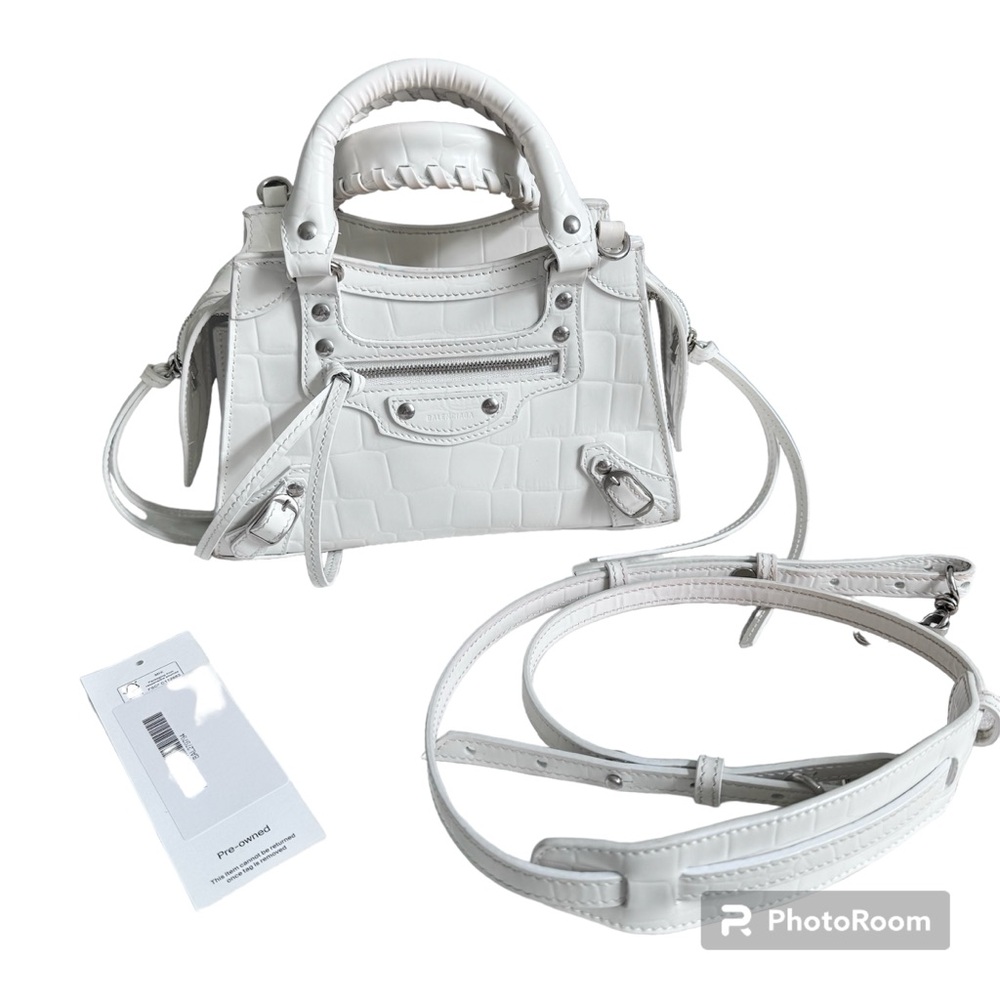 Balenciaga 2021 Croc Embossed White Neo Mini Classic City Bag Silver Hardware
